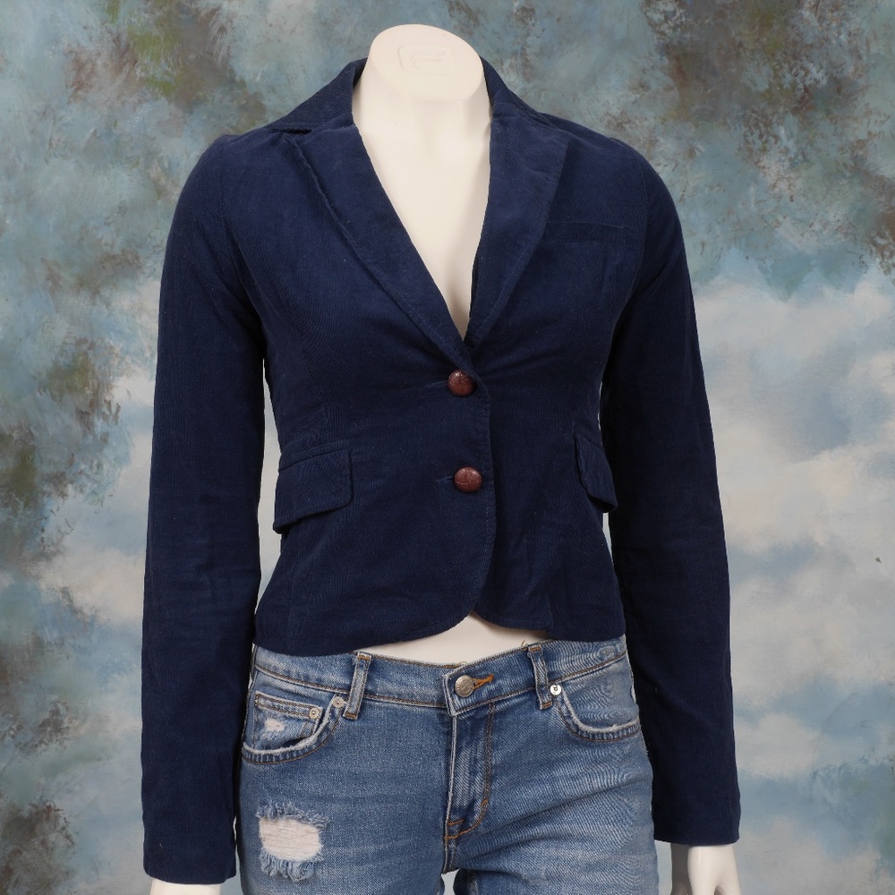 Bajee Navy Blue Blazer Size XS with Brown Elbow Patches